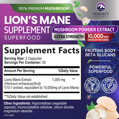 Close-up of 10:1 extract label on Nature's Peak Lions Mane bottle