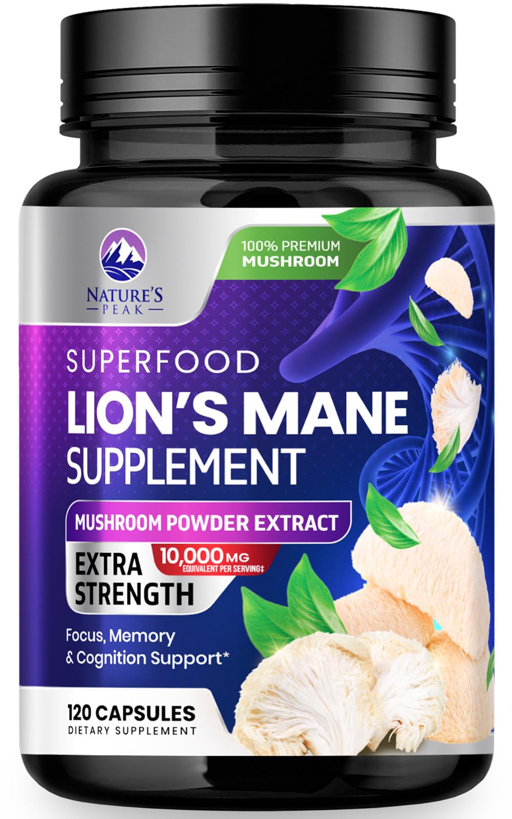 Nature's Peak Lions Mane bottle with 120 capsules for daily use