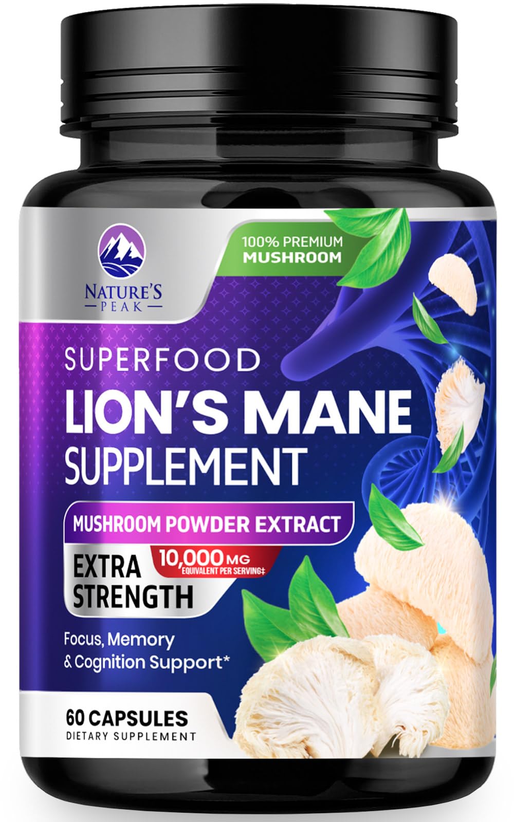 Nature's Peak Lions Mane capsules bottle highlights 10,000mg potency for focus