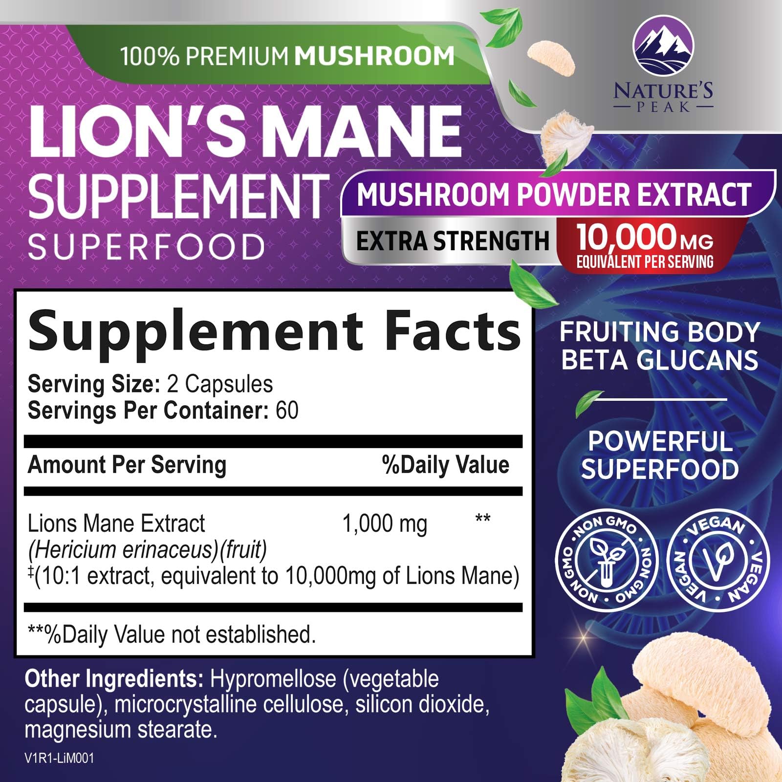 Close-up of Nature's Peak Lions Mane capsules showing vegan formula