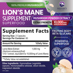 Close-up of Nature's Peak Lions Mane capsules showing vegan formula