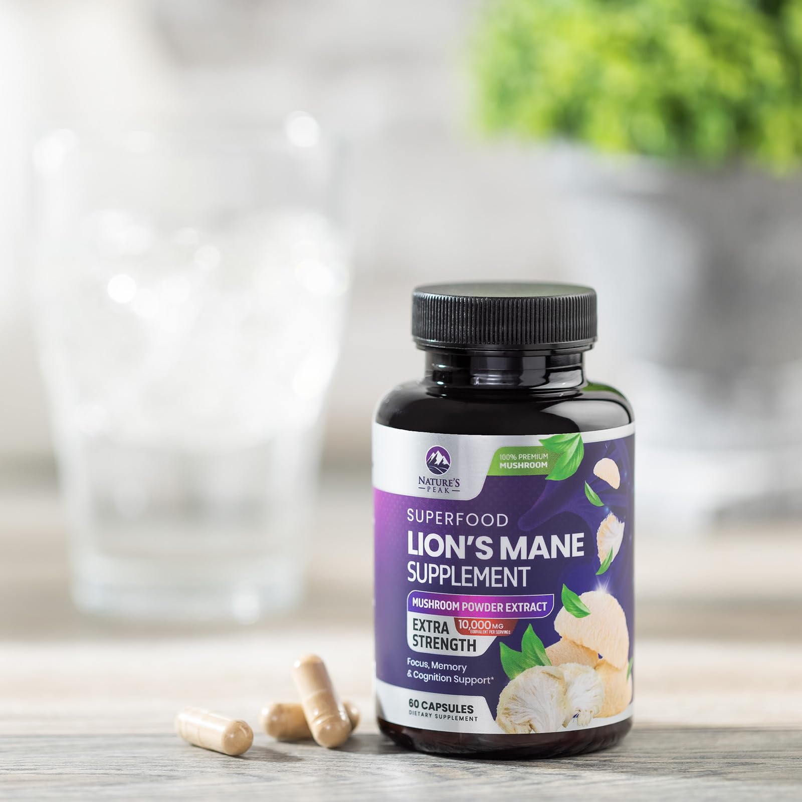Nature's Peak Lions Mane powder extract packaging on display