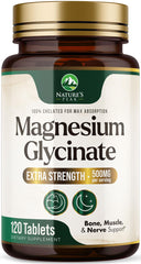 Nature's Peak Magnesio Glicinato 500 mg, botella, absorción suave para uso diario.