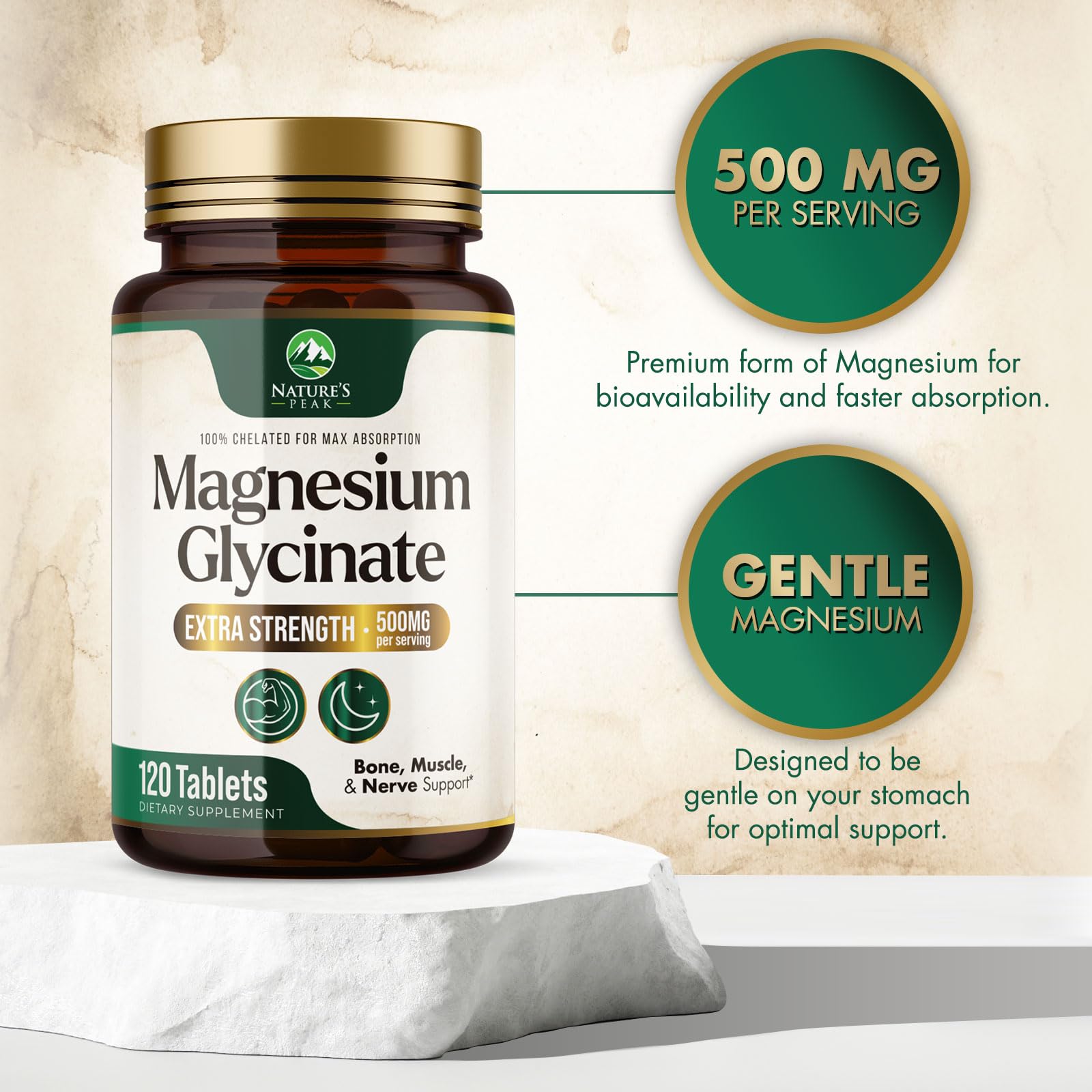 Nature's Peak Magnesio Glicinato 500 mg, etiqueta frontal, muestra pureza y calidad.