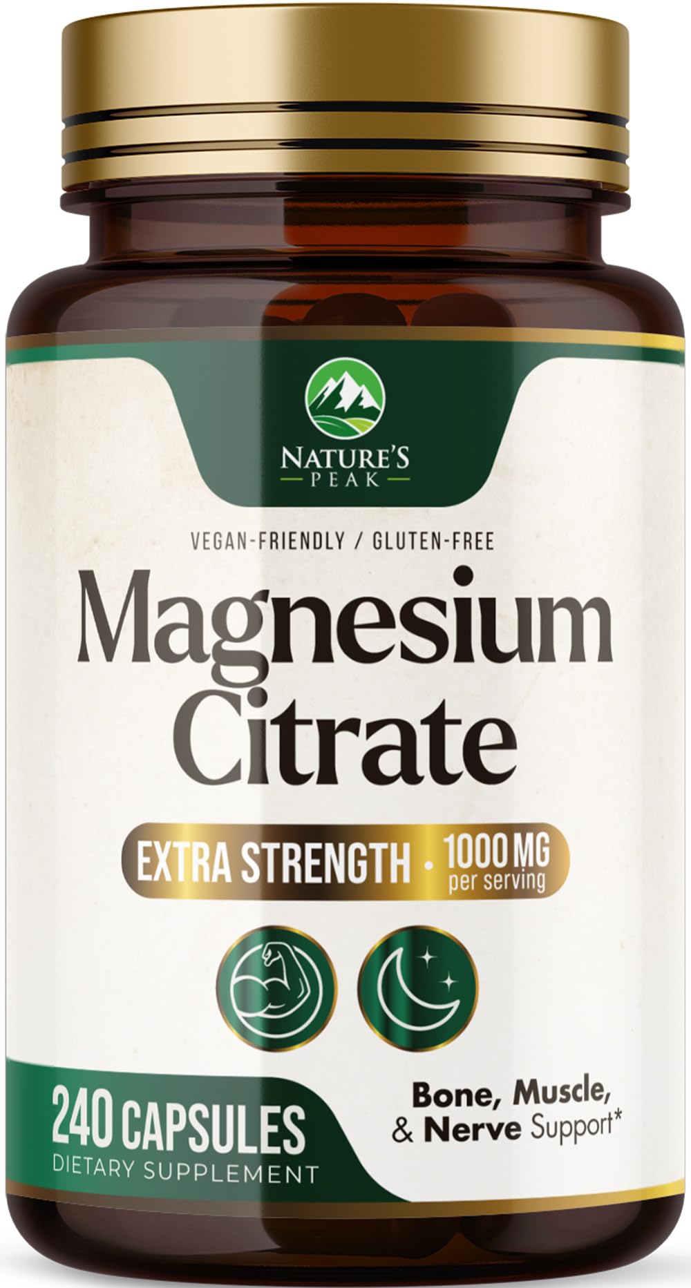 Nature's Peak magnesium citrate bottle displaying 1000 mg capsules for daily wellness.