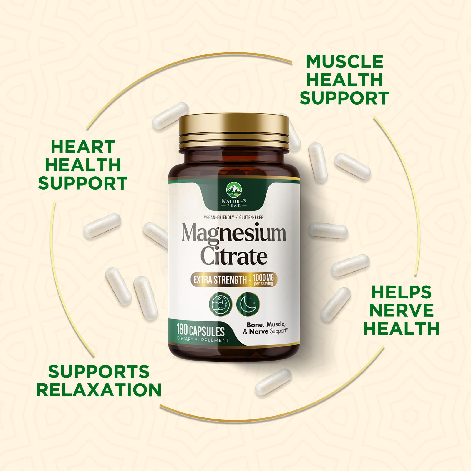 Nature's Peak magnesium citrate cap close-up highlights high absorption