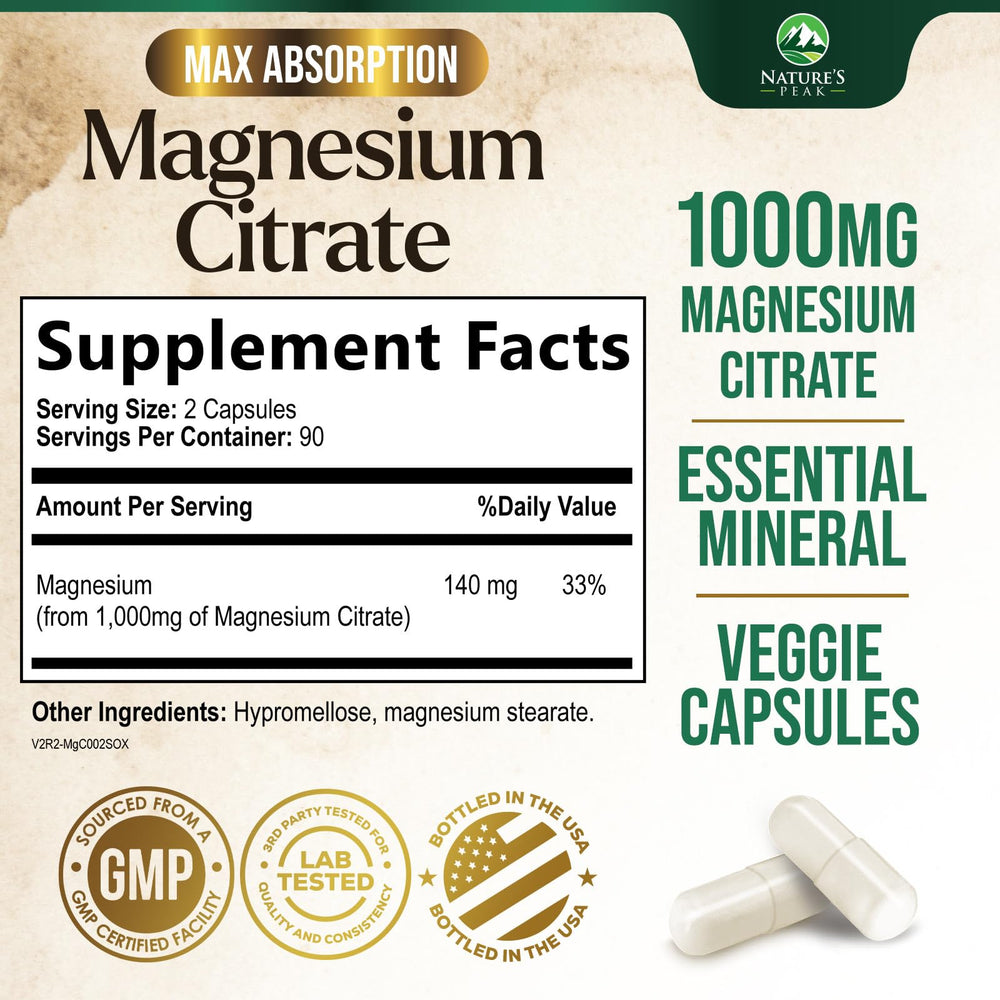 Nature's Peak magnesium citrate capsule close-up highlighting high absorption