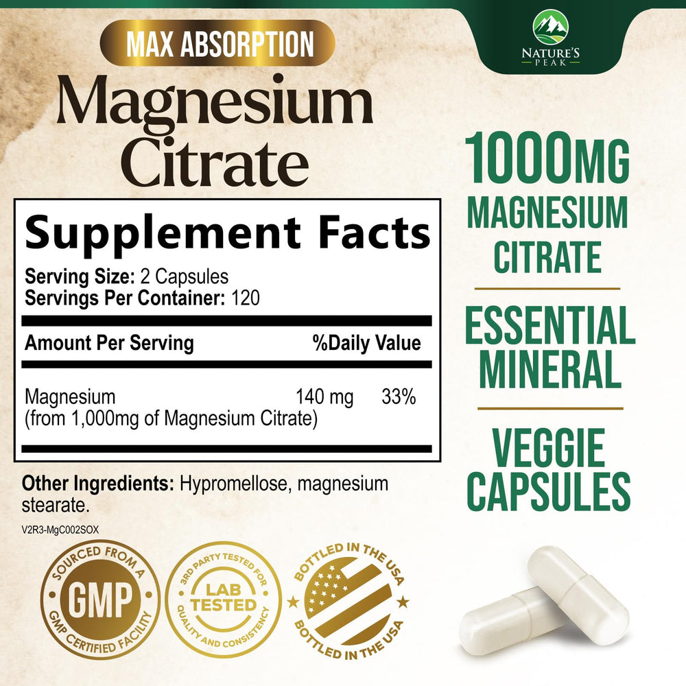 Nature's Peak magnesium citrate capsules close-up highlighting compact softgels for easy dosing.