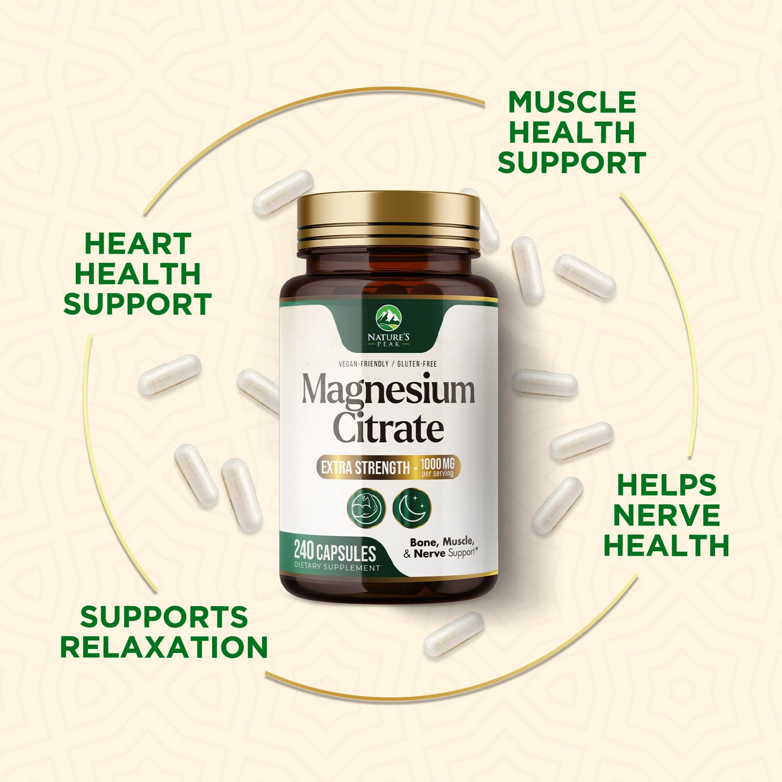 Nature's Peak magnesium citrate bottle on a clean backdrop.