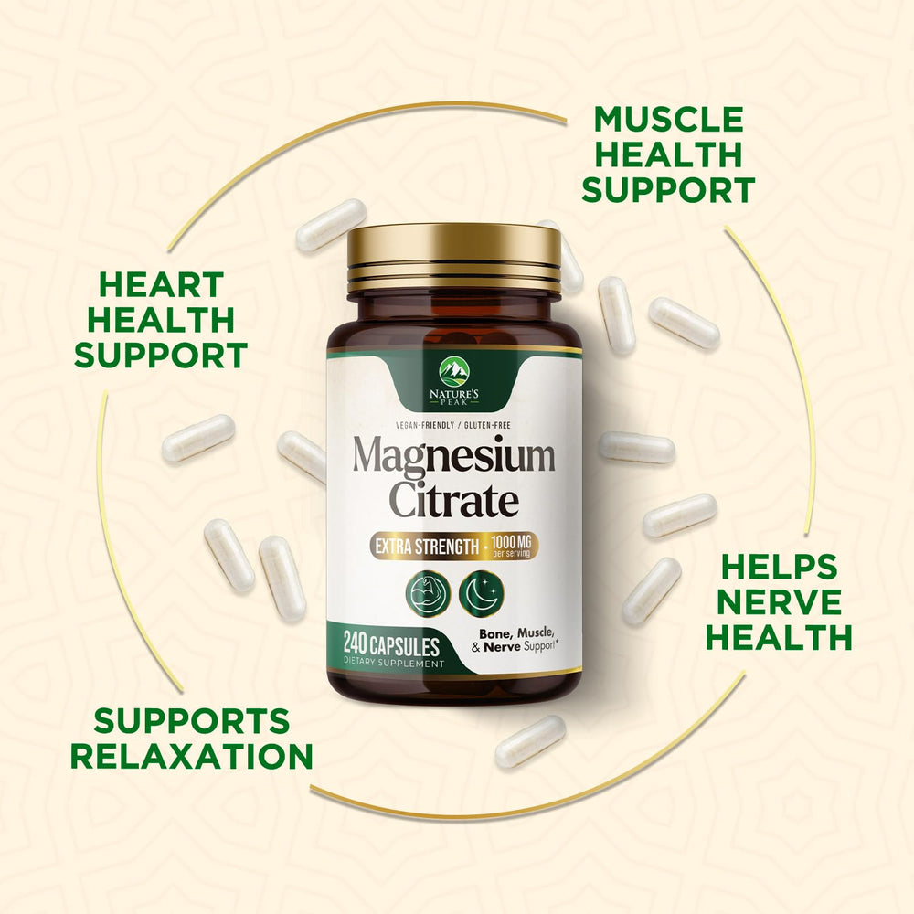 Nature's Peak magnesium citrate bottle on a clean backdrop.