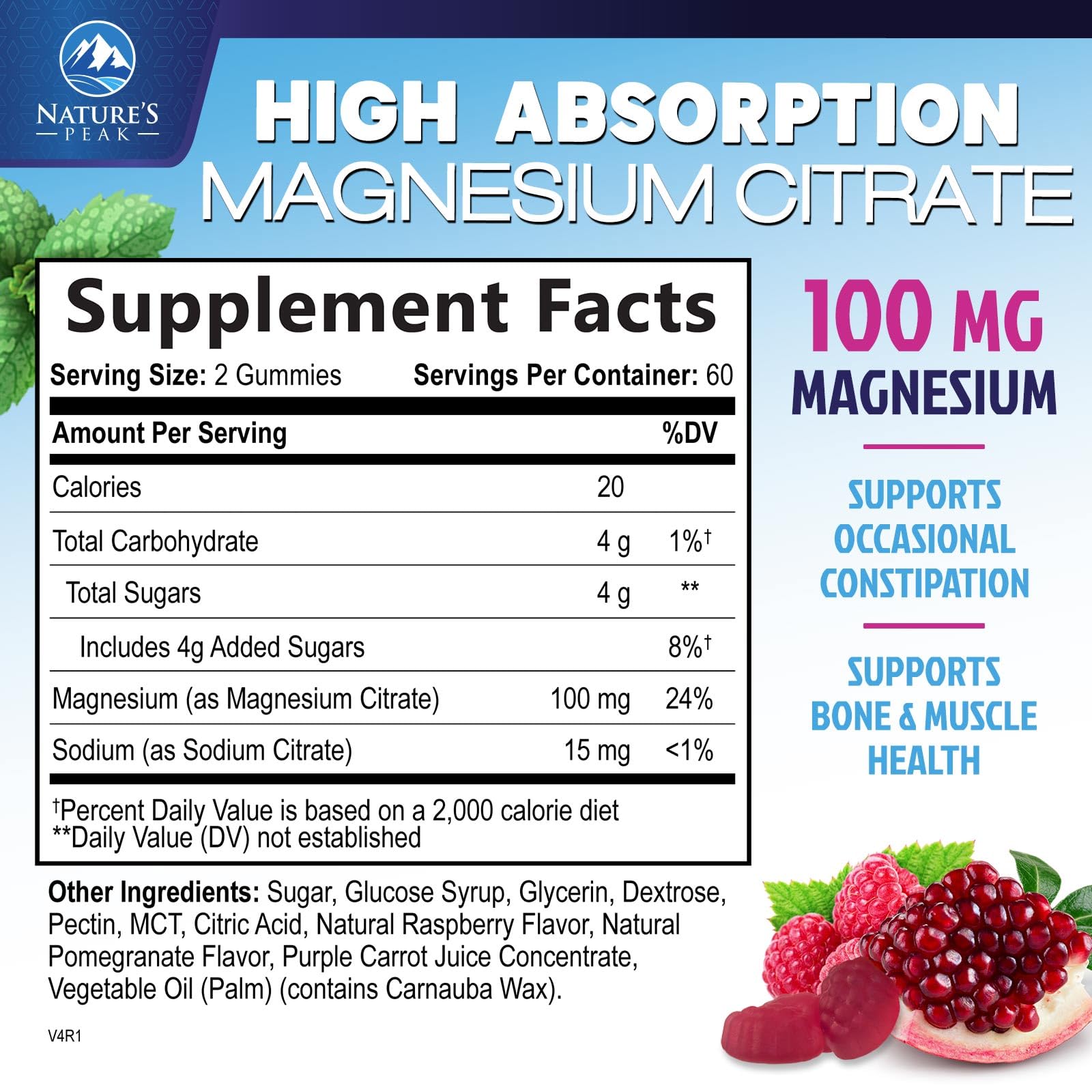 Nature's Peak magnesium citrate gummy bottle open shows easy, chewable daily magnesium.