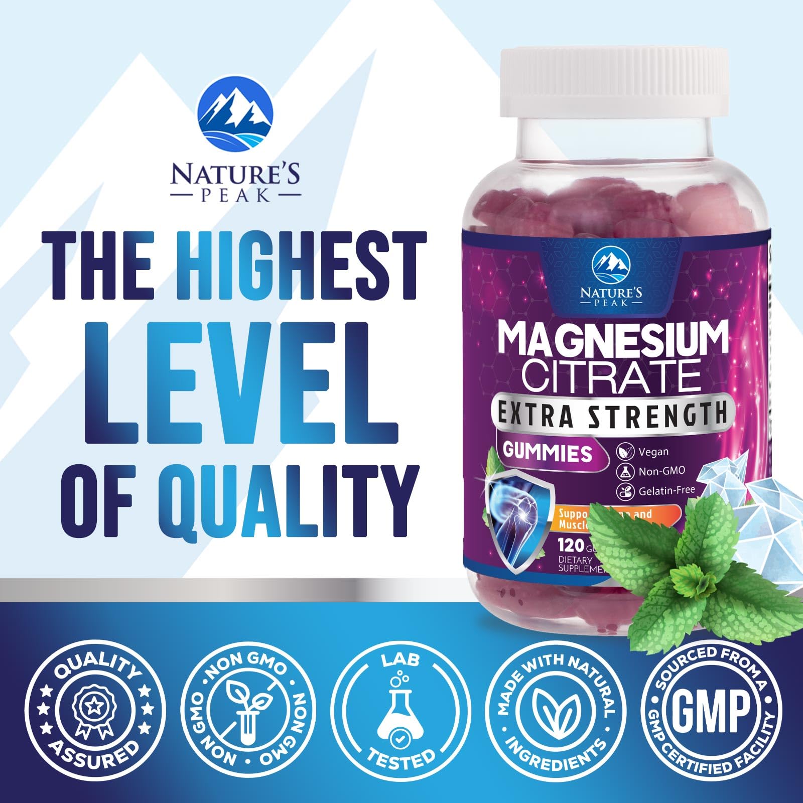 Nature's Peak magnesium citrate gummy close-up highlights soft chew texture.