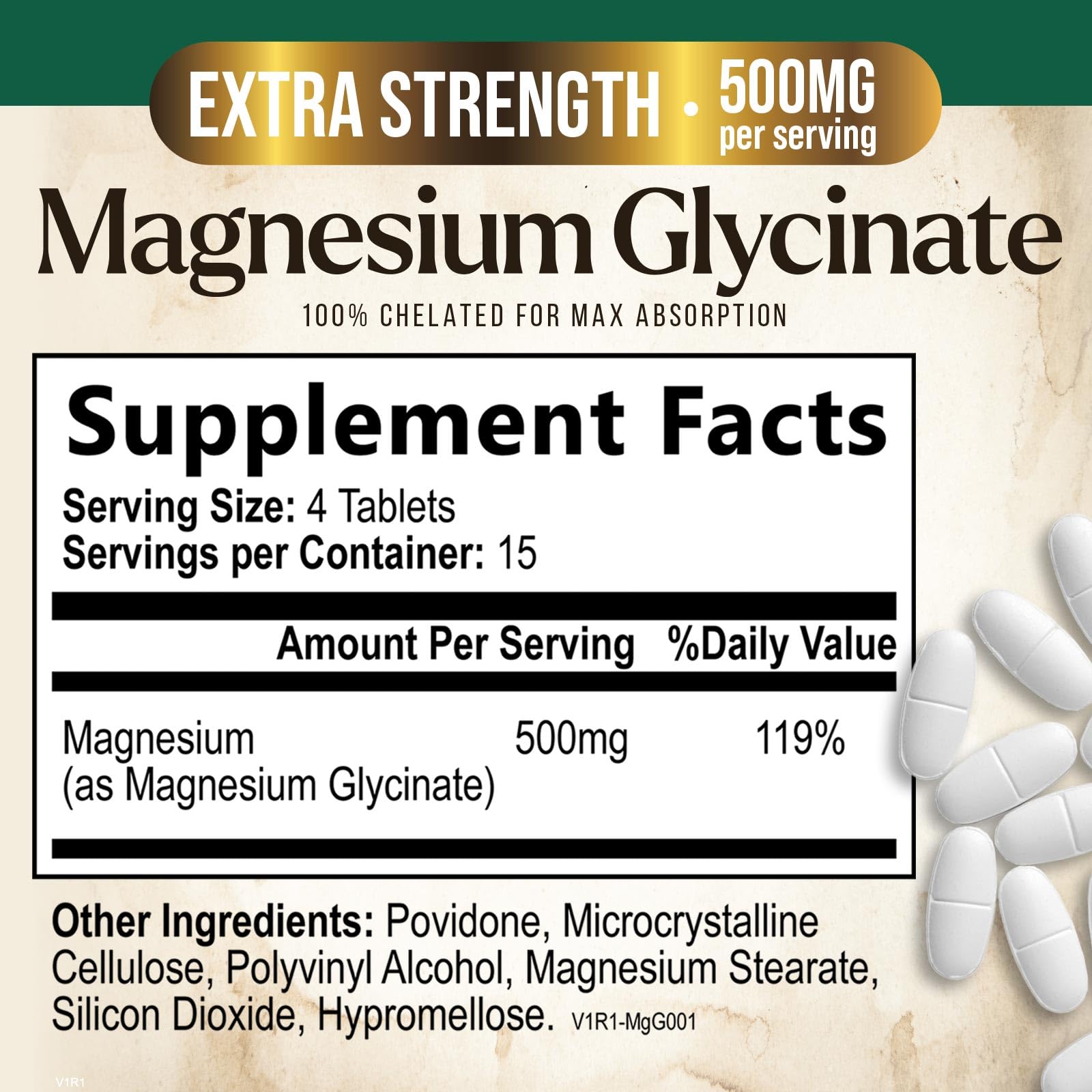Nature's Peak magnesium glycinate 500mg bottle back label highlights ingredients
