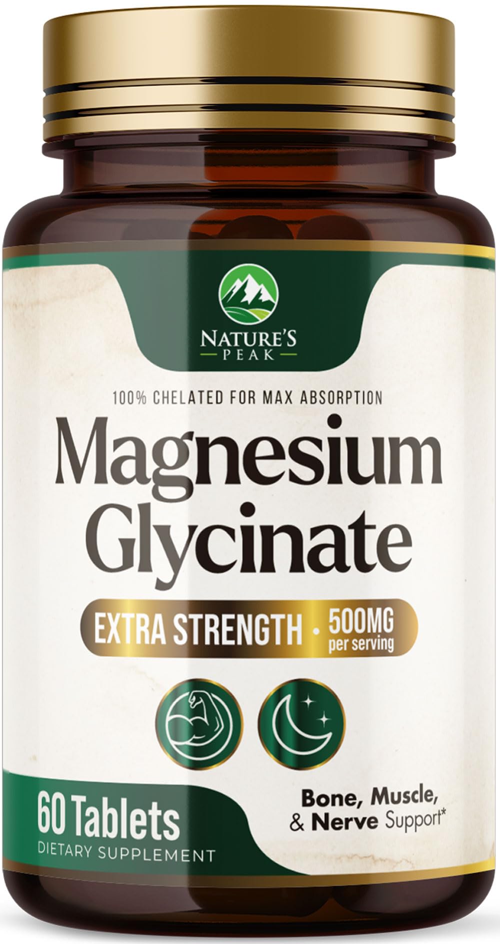 Nature's Peak magnesium glycinate 500mg bottle front for easy daily mineral support