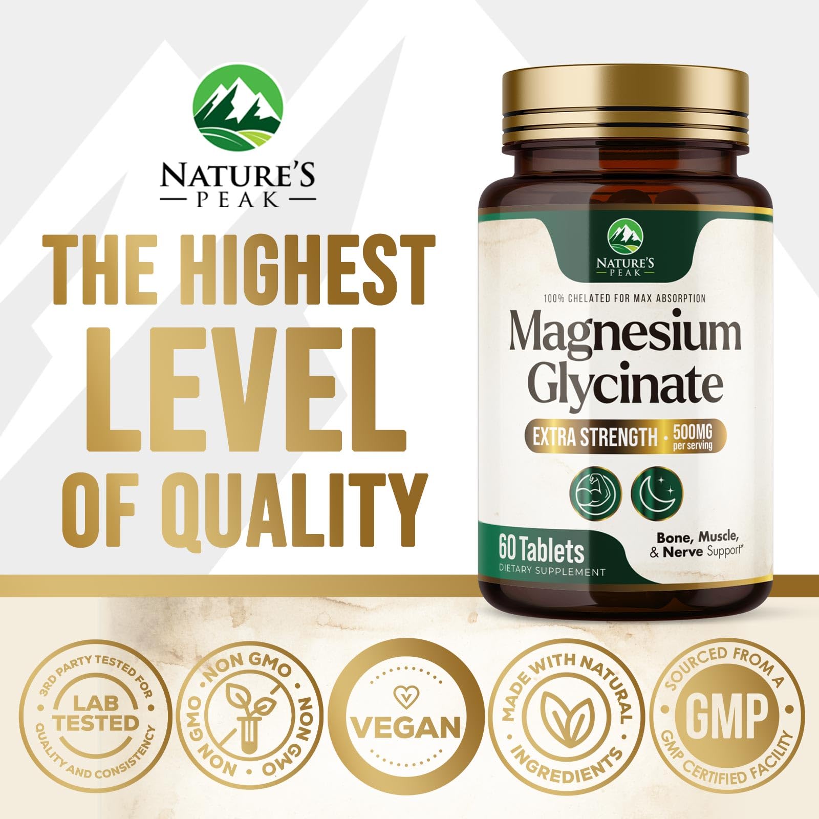 Nature's Peak magnesium glycinate 500mg bottle top view on clean surface