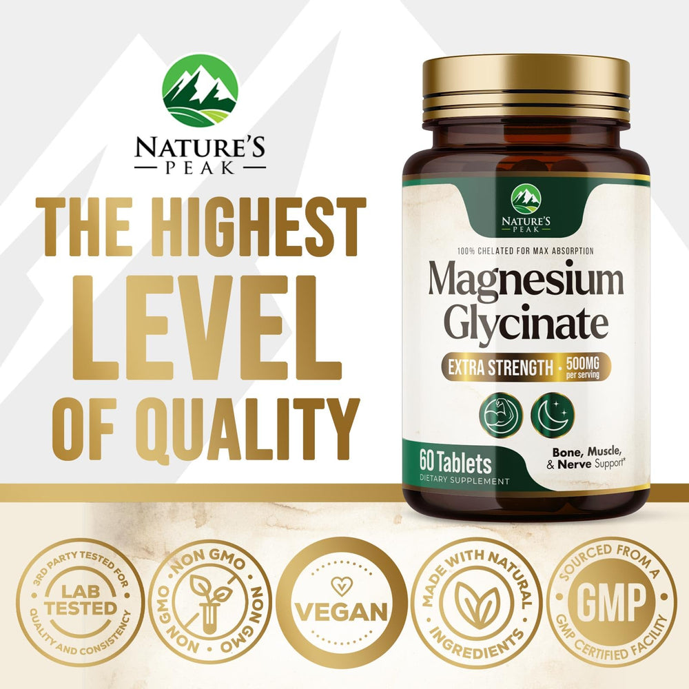 Nature's Peak magnesium glycinate 500mg bottle top view on clean surface