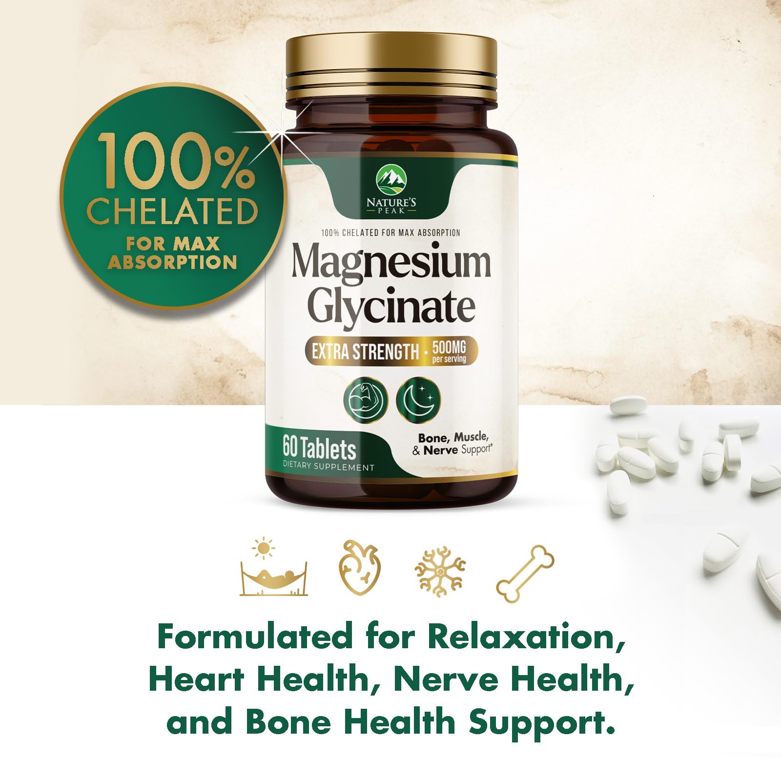 Nature's Peak magnesium glycinate 500mg ingredients info highlights chelated minerals