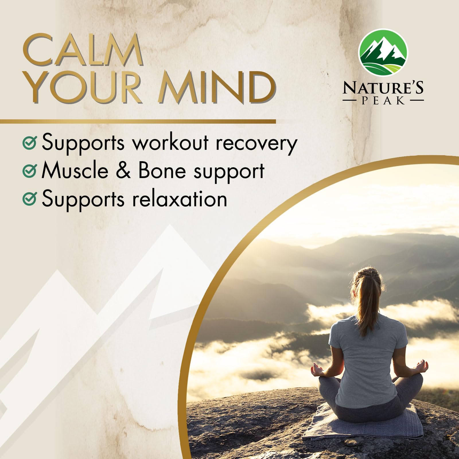 Nature's Peak magnesium glycinate 500mg on bedside setup suggesting sleep support