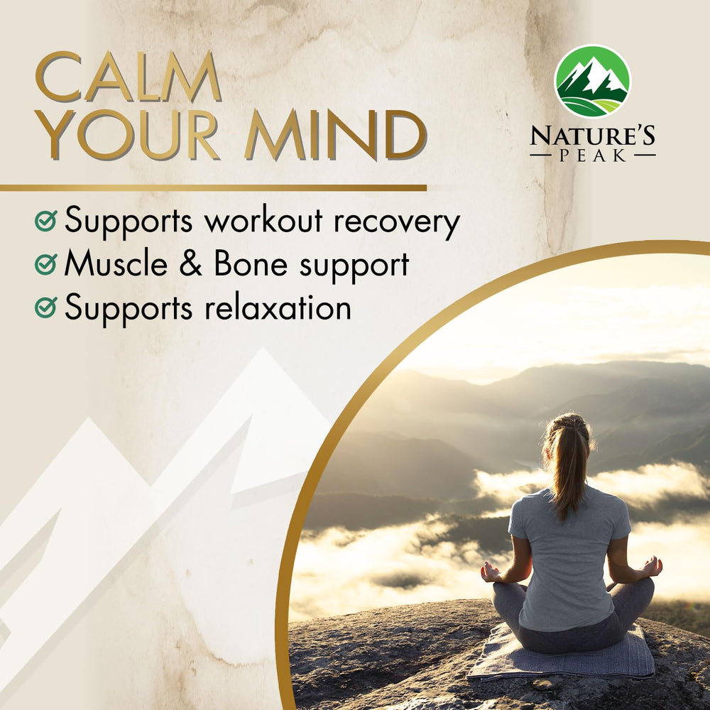 Nature's Peak magnesium glycinate 500mg on bedside setup suggesting sleep support