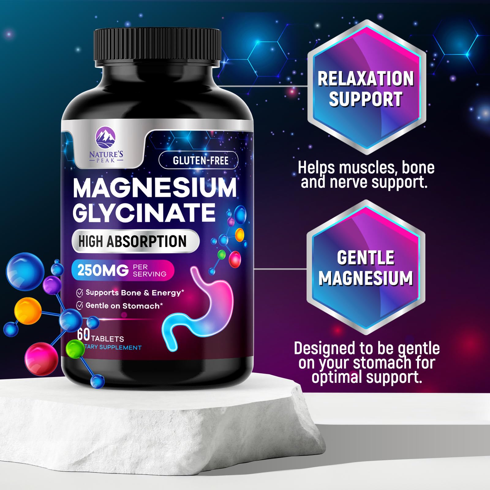 Nature's Peak magnesium glycinate bottle on shelf in clean packaging.