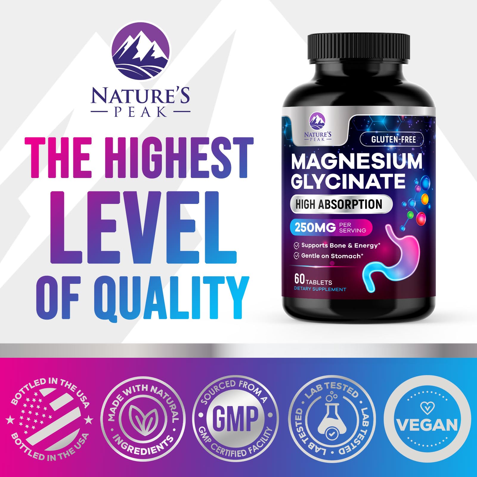 Nature's Peak Magnesium Glycinate bottle being poured for daily use.