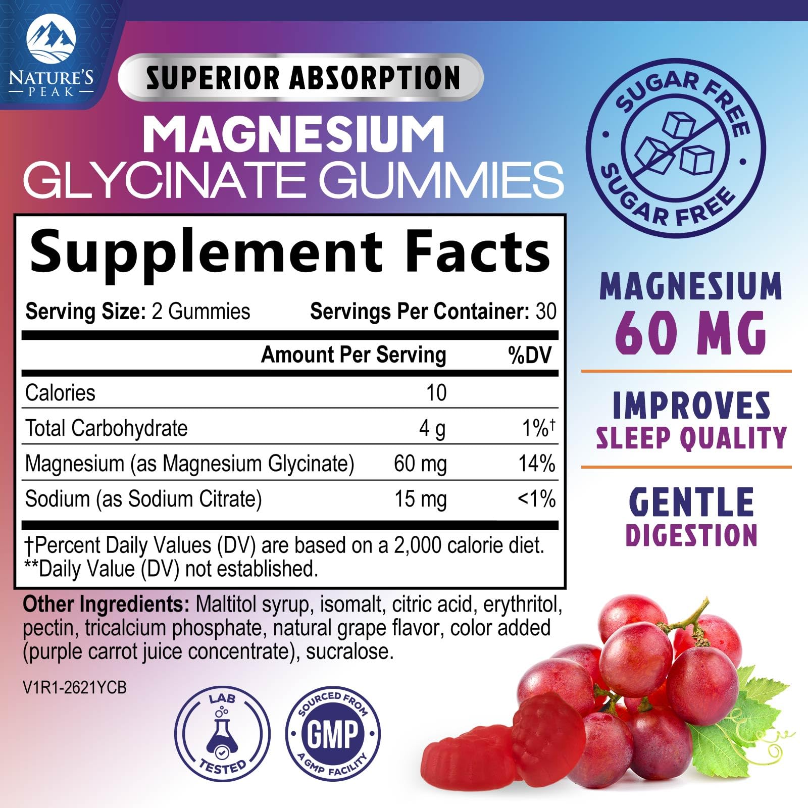 Nature's Peak bottle label close-up highlights vegan, gluten-free magnesium glycinate for easy absorption.