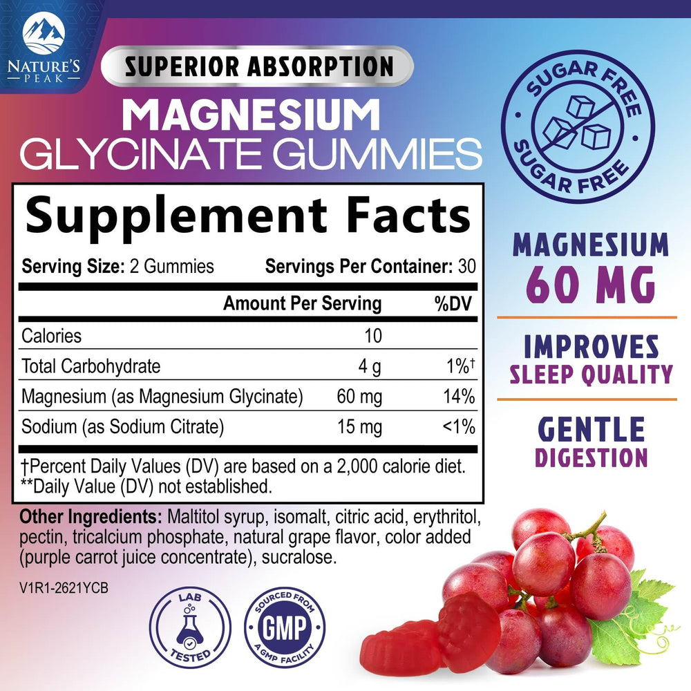 Nature's Peak bottle label close-up highlights vegan, gluten-free magnesium glycinate for easy absorption.
