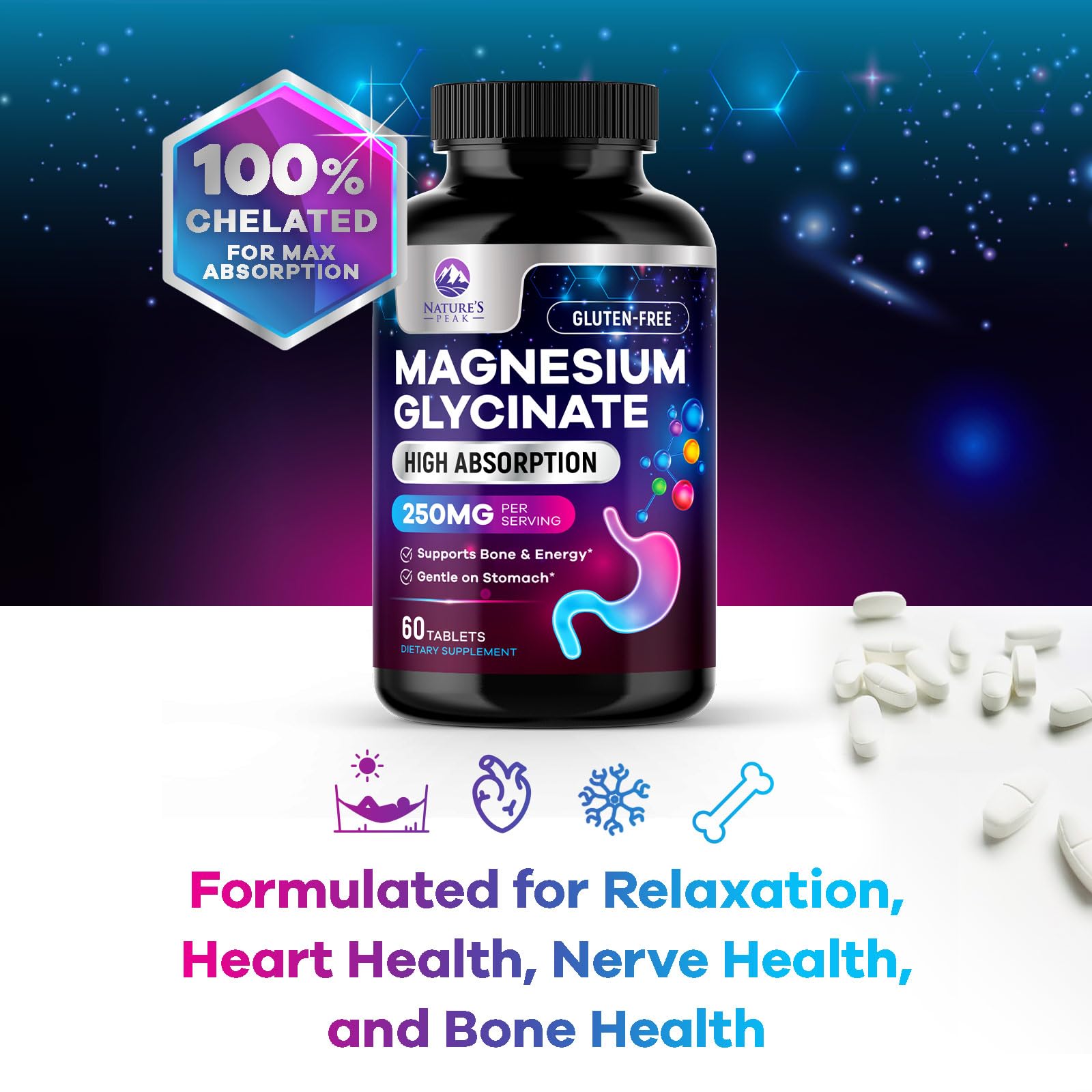 Nature's Peak magnesium glycinate tablet closeup shows chelated form.
