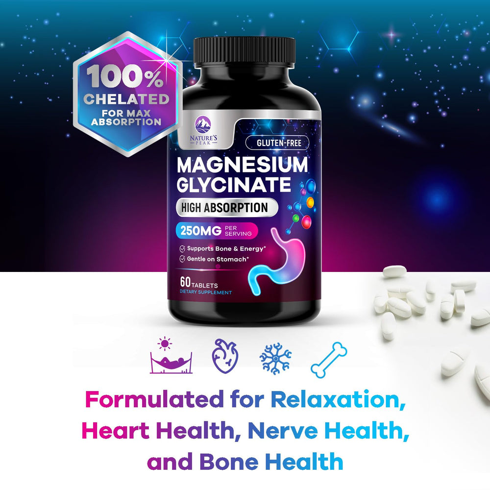 Nature's Peak magnesium glycinate tablet closeup shows chelated form.