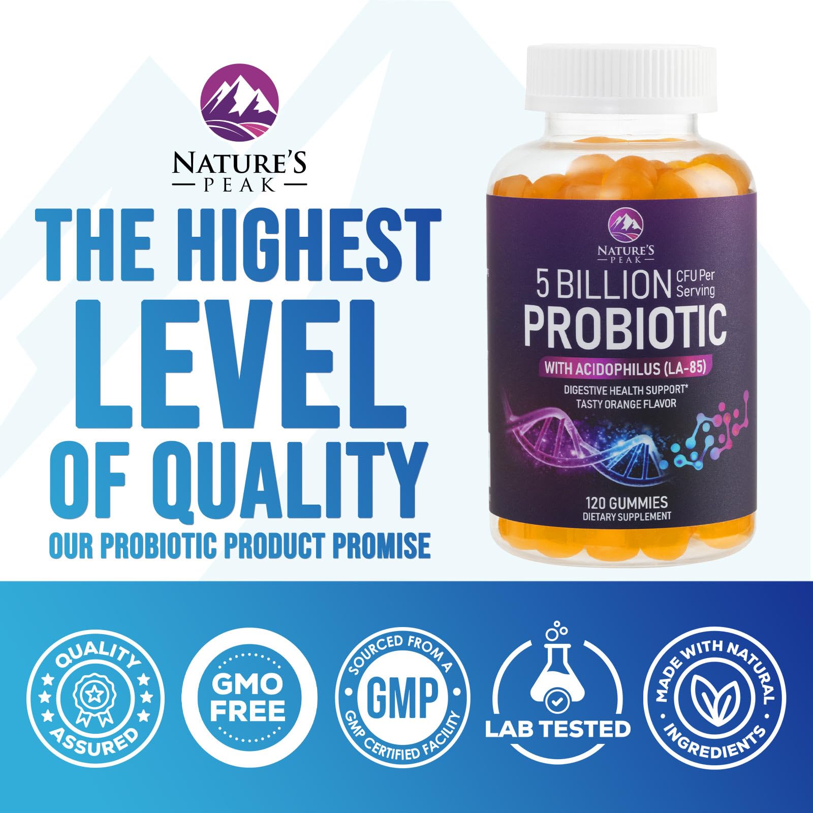 Nature's Peak Probiotic Gummies bottle on kitchen counter for daily use.