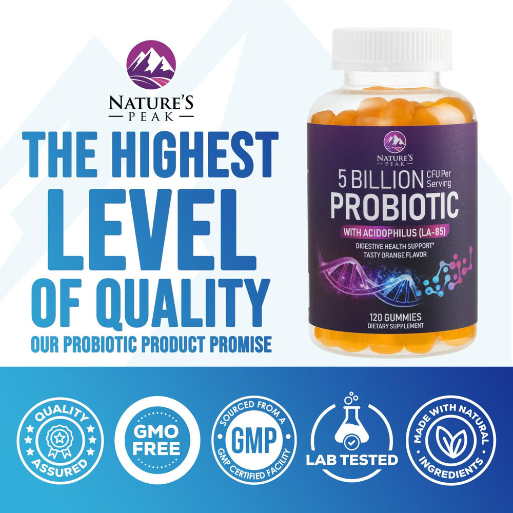 Nature's Peak Probiotic Gummies bottle on kitchen counter for daily use.