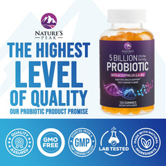 Nature's Peak Probiotic Gummies bottle on kitchen counter for daily use.