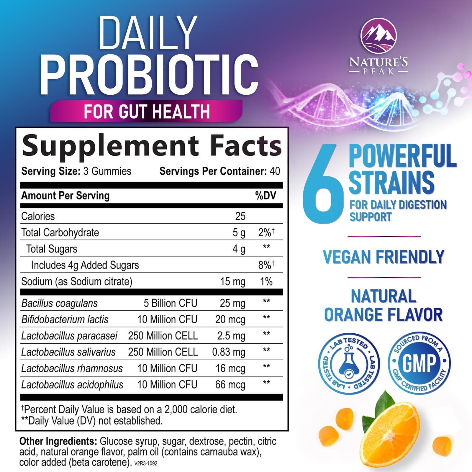 Nature's Peak Probiotic Gummies label close-up highlights six strains for balanced gut health.