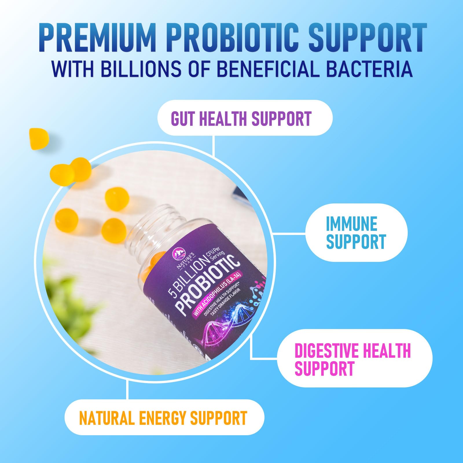 Nature's Peak Probiotic Gummies on-the-go package for travel-friendly routine.