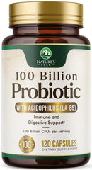 Nature's Peak Probiotics bottle close-up showing 100 Billion CFU daily gut support