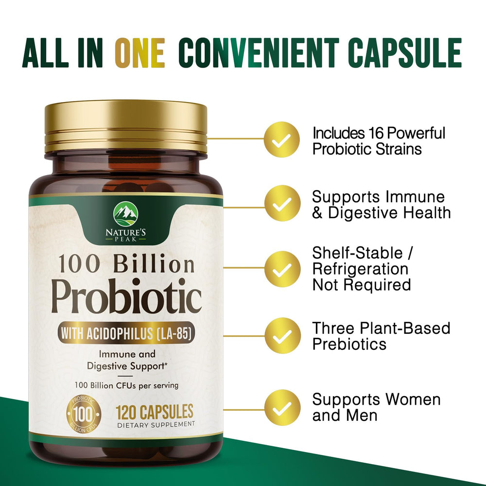 Nature's Peak Probiotics 16-strain blend graphic illustrating diverse microbiome support