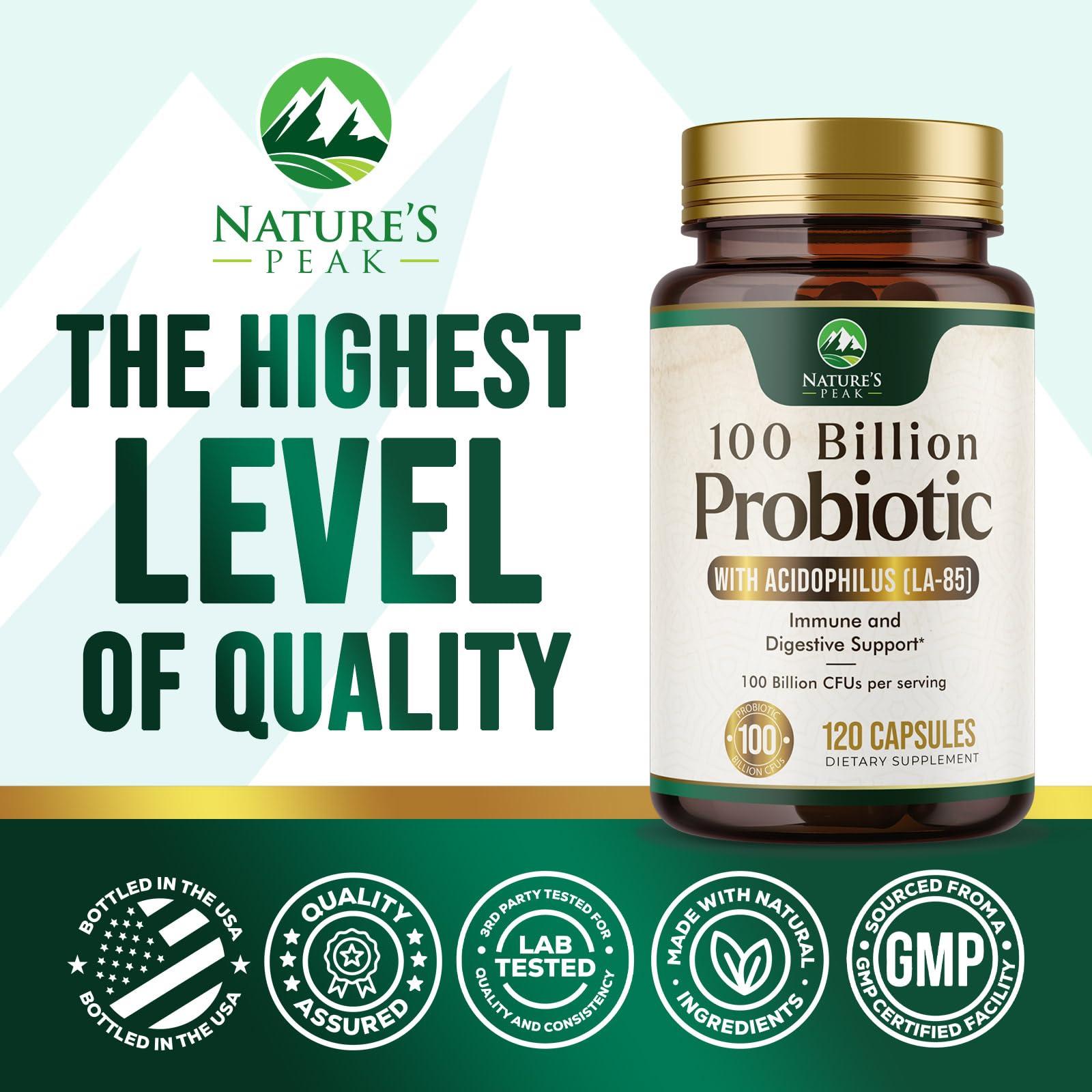 Nature's Peak Probiotics bottle on kitchen counter for daily wellness routine