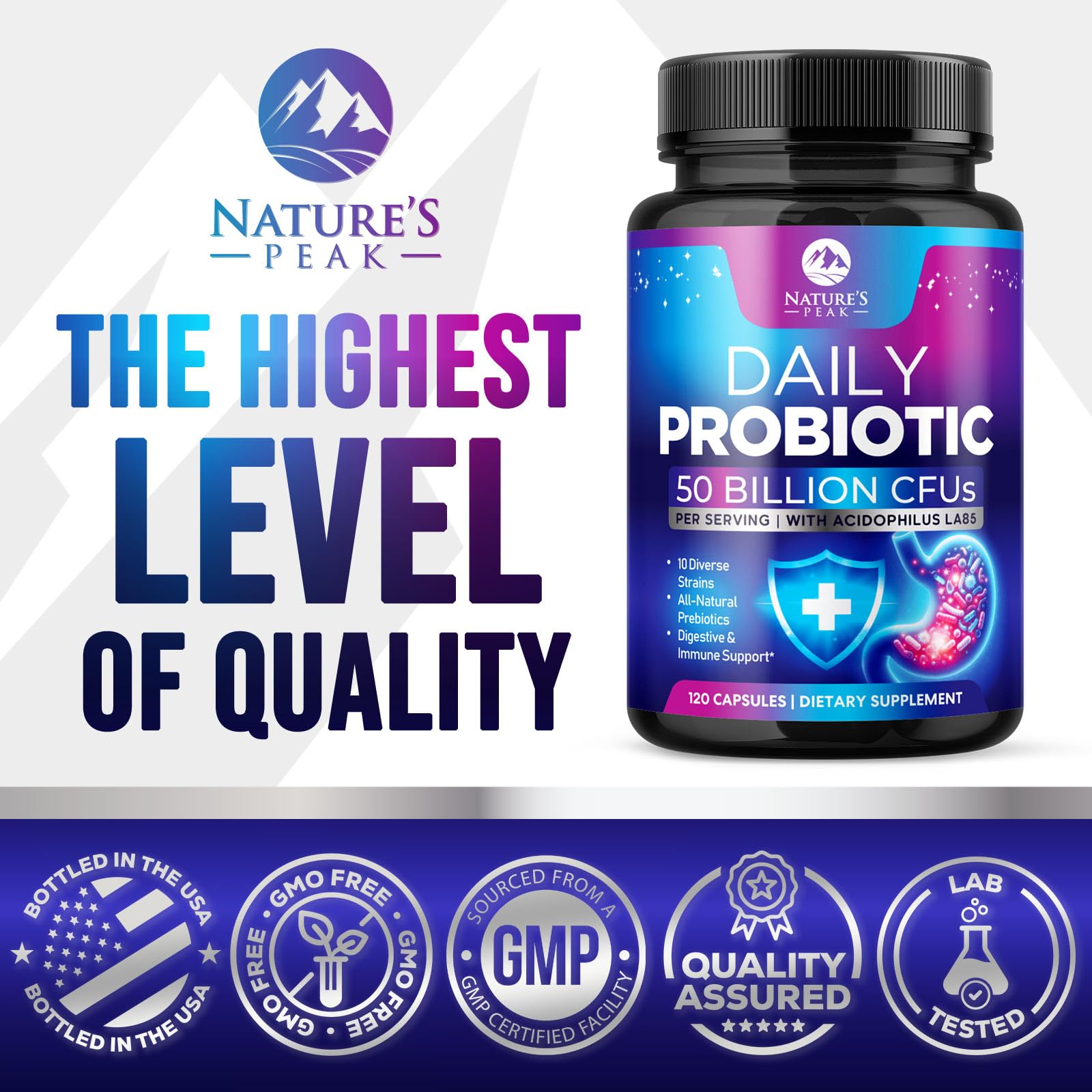 Nature's Peak probiotics with digestive enzymes supporting nutrient breakdown.