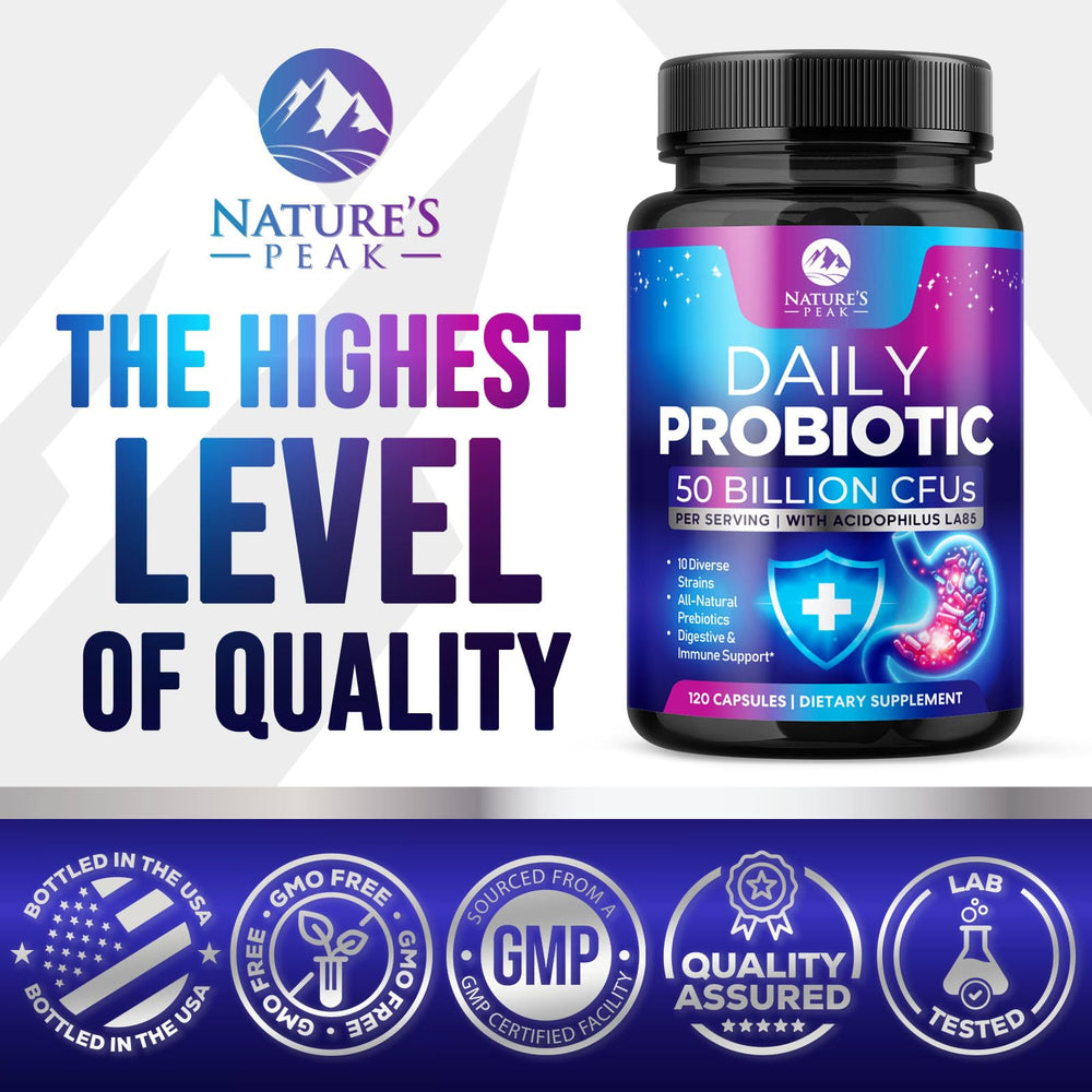 Nature's Peak probiotics with digestive enzymes supporting nutrient breakdown.