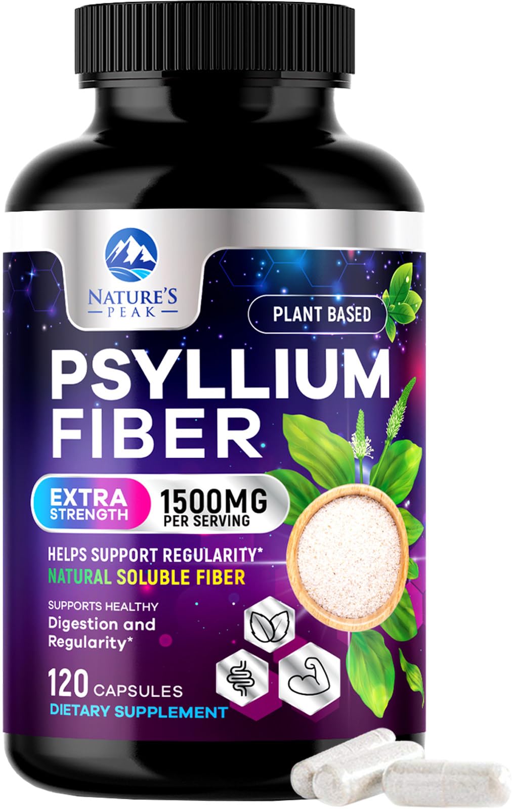Nature's Peak psyllium husk bottle demonstrates daily digestive support in a vegan, sugar-free formula.