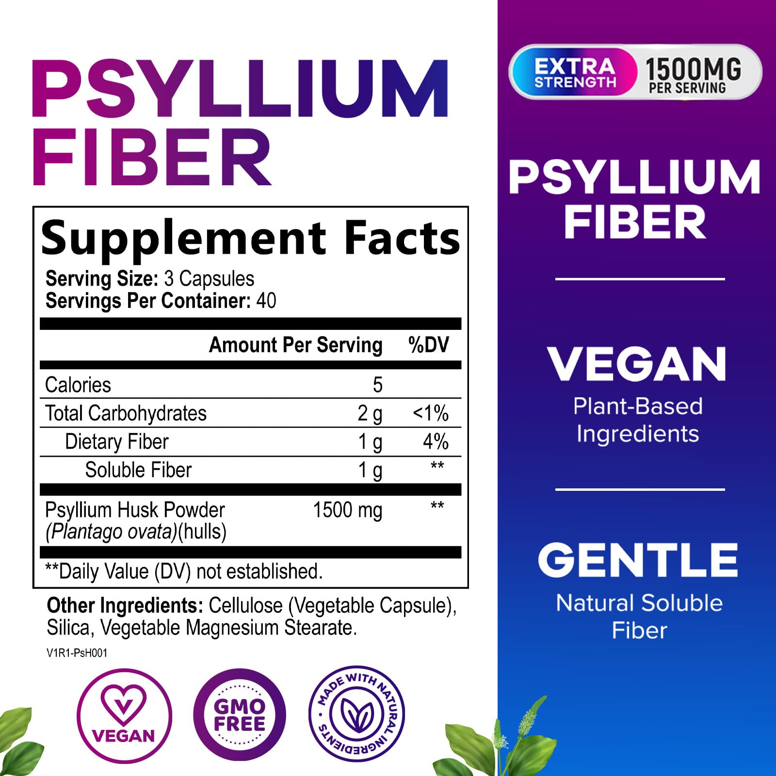 Nature's Peak psyllium husk capsules close-up highlighting soluble fiber for regularity.