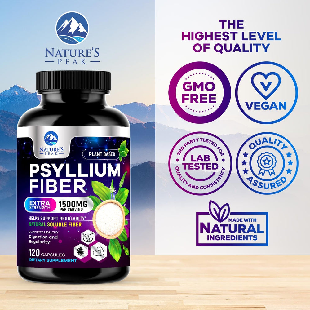 Nature's Peak psyllium husk capsules pouring into a glass suggests easy daily intake.