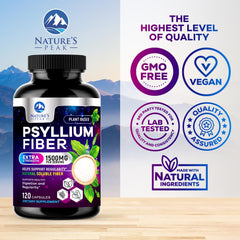 Nature's Peak psyllium husk capsules pouring into a glass suggests easy daily intake.