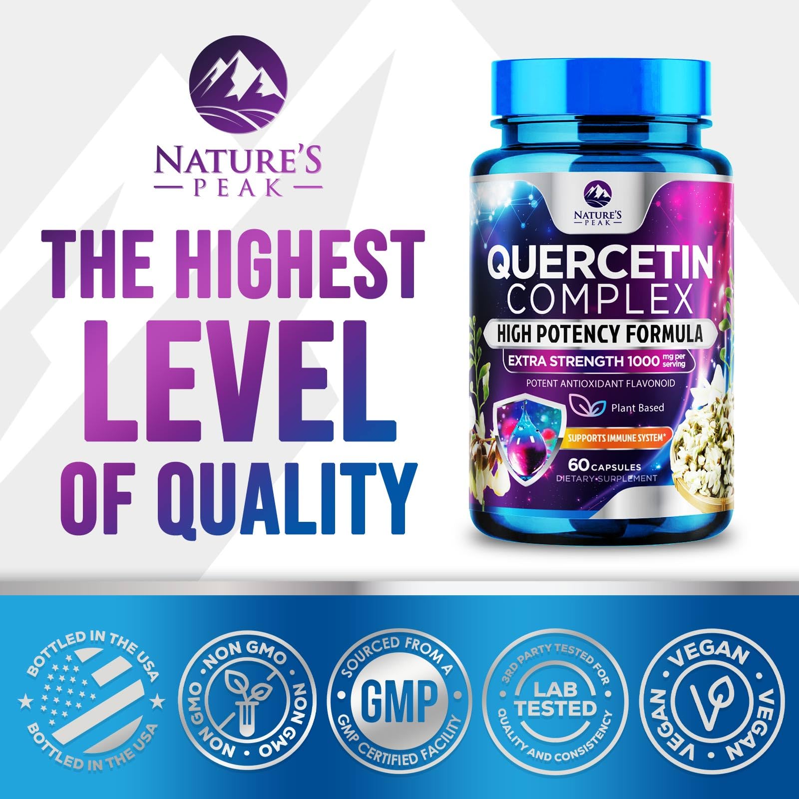 Nature's Peak Quercetin bottle packaging shows premium vegan formula in a USA-made container.