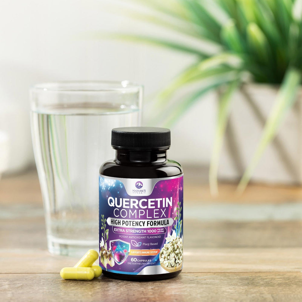 Nature's Peak Quercetin bottles and capsules – complete supplement for seasonal and respiratory comfort.