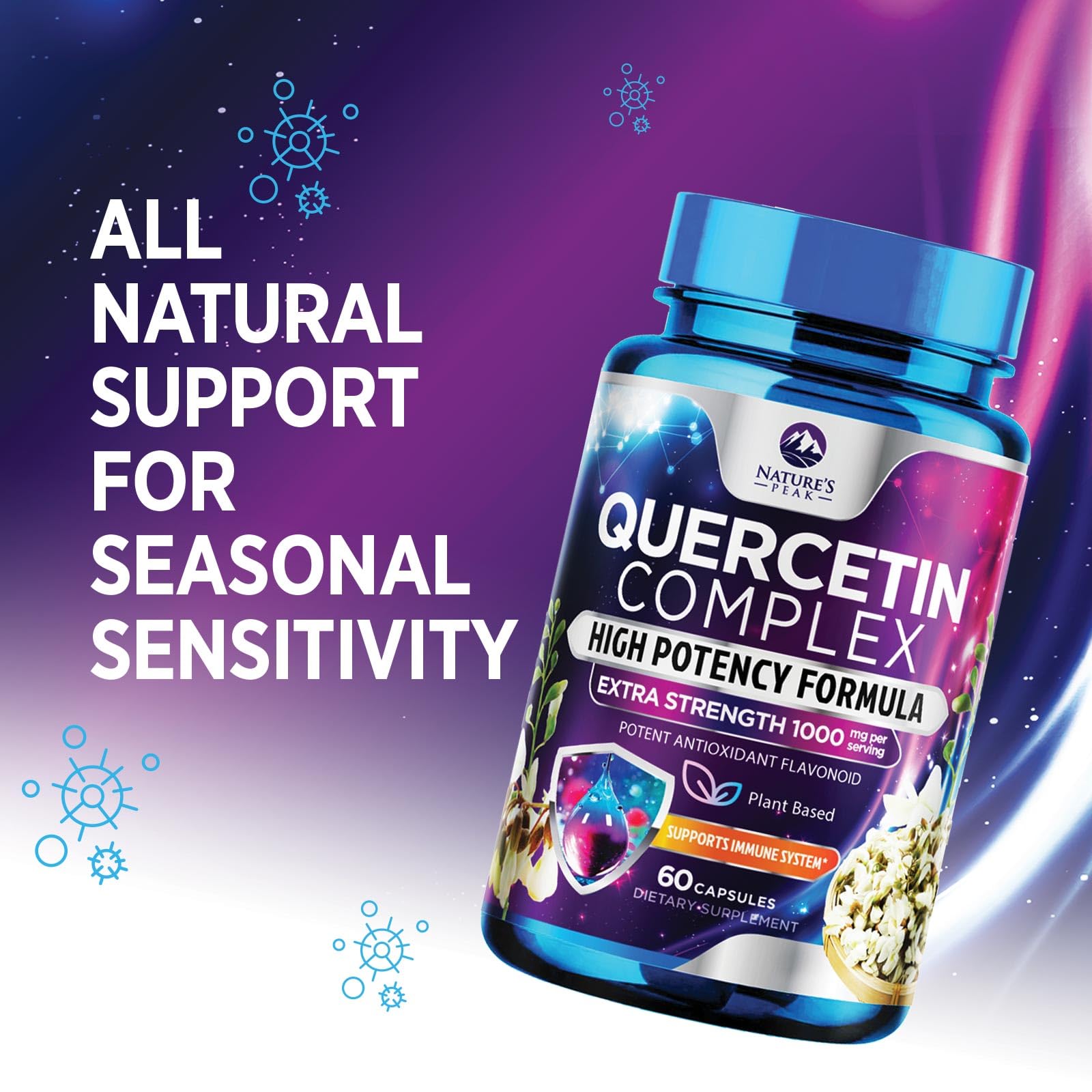 Nature's Peak Quercetin immune-support capsules on a white background – daily wellness option.
