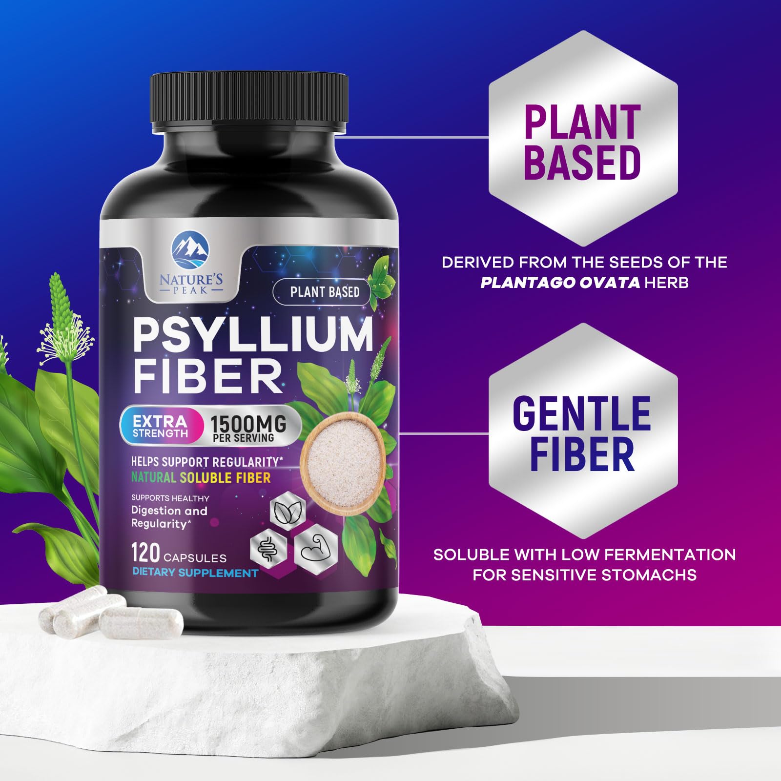 Nature's Peak vegan gluten-free seal on bottle communicates purity and inclusivity.