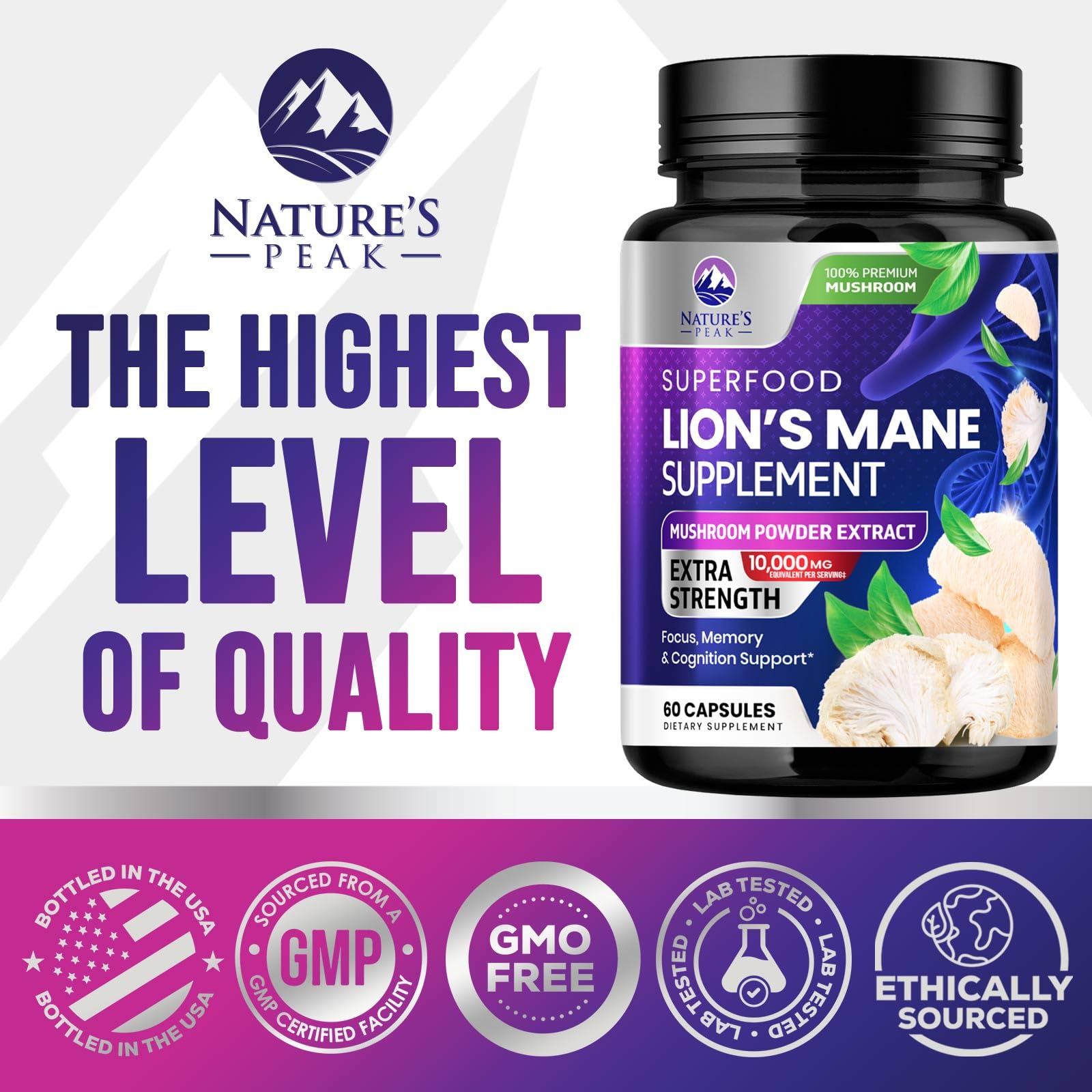 Nature's Peak vegan, non-GMO label close-up on bottle