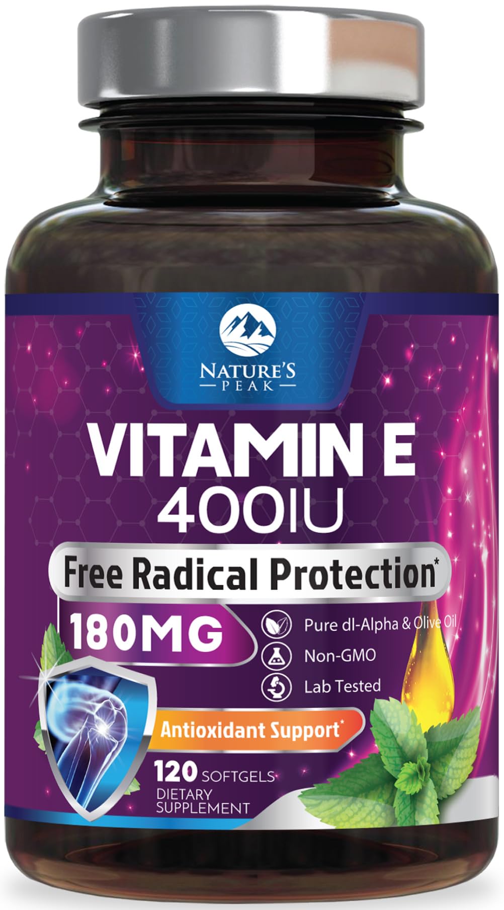 Nature's Peak Vitamin E 400 IU softgels bottle for antioxidant support