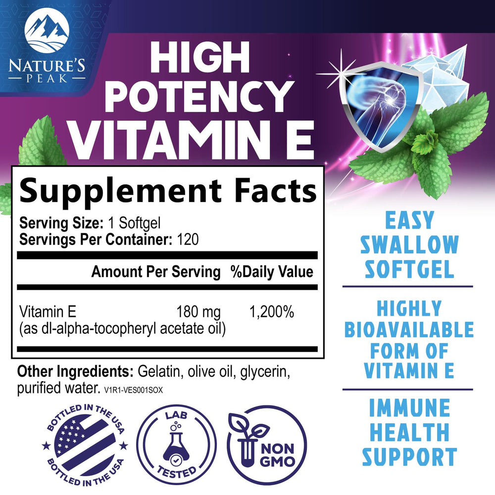 Closeup of Nature's Peak Vitamin E 400 IU softgels inside the bottle